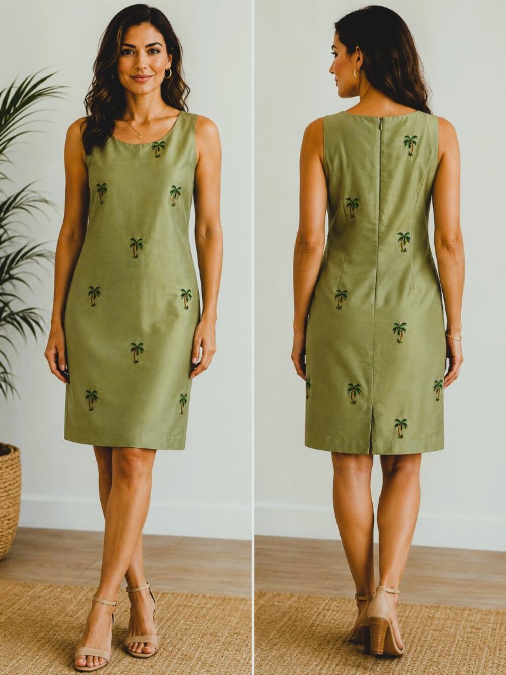 Robbie Bee Sheath Dress 100% Silk Slveless Green Tea Color w/Palm Trees, Sz. 12
